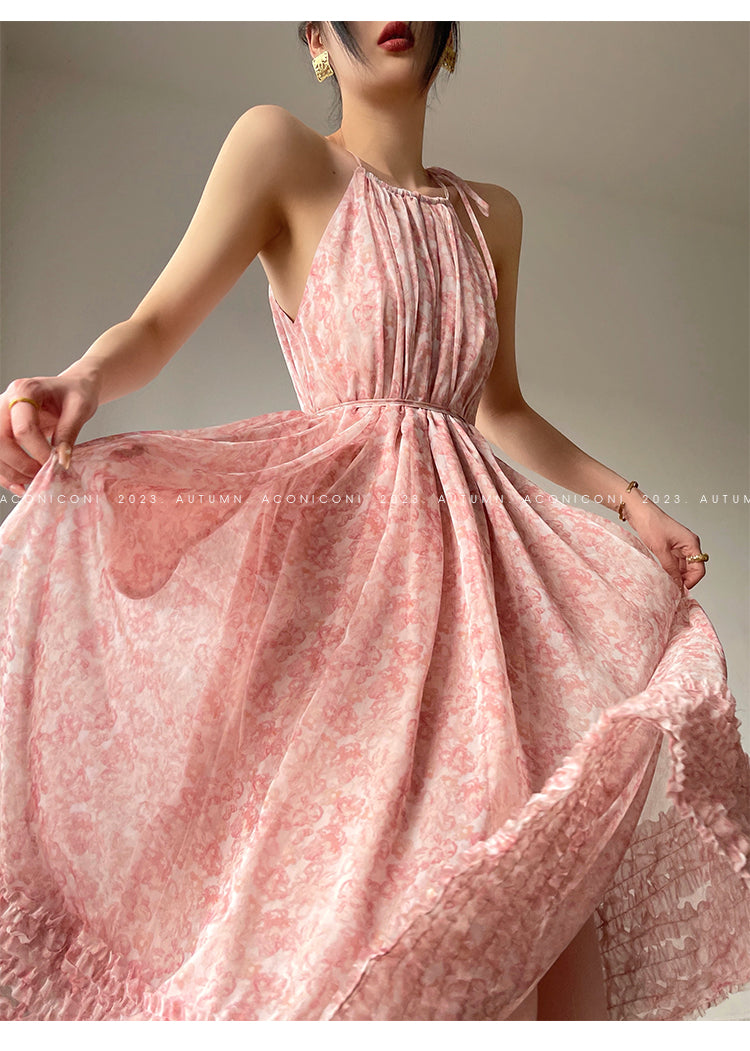Aconiconi| halter-neck summer broken flowers vacation holiday style fairy dress - cherry blossom