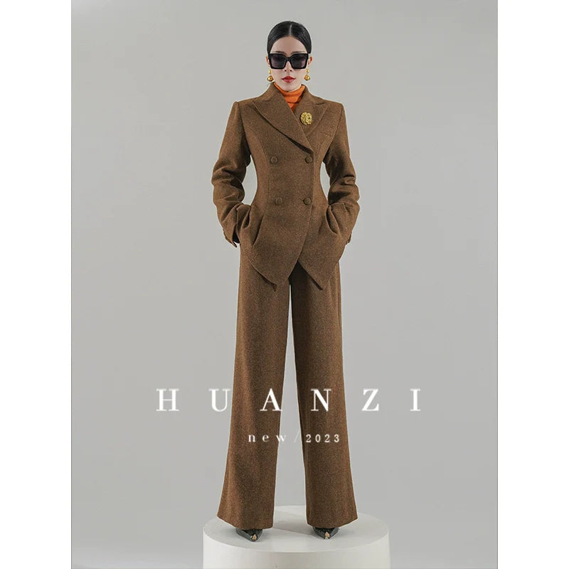 Huanzi worsted wool high-end vintage British women's autumn winter blazer - Tiwe