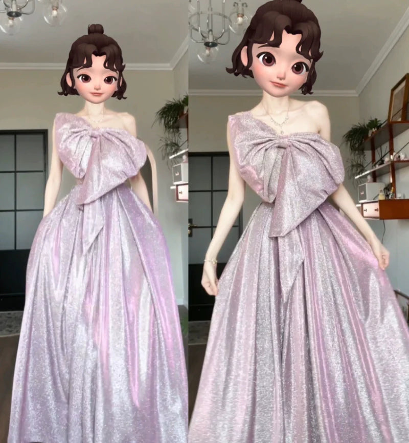 DOLLY Elegant Purple Off Shoulder Bow Sequin Long High Waist Cocktail Dress-TESSA (V)