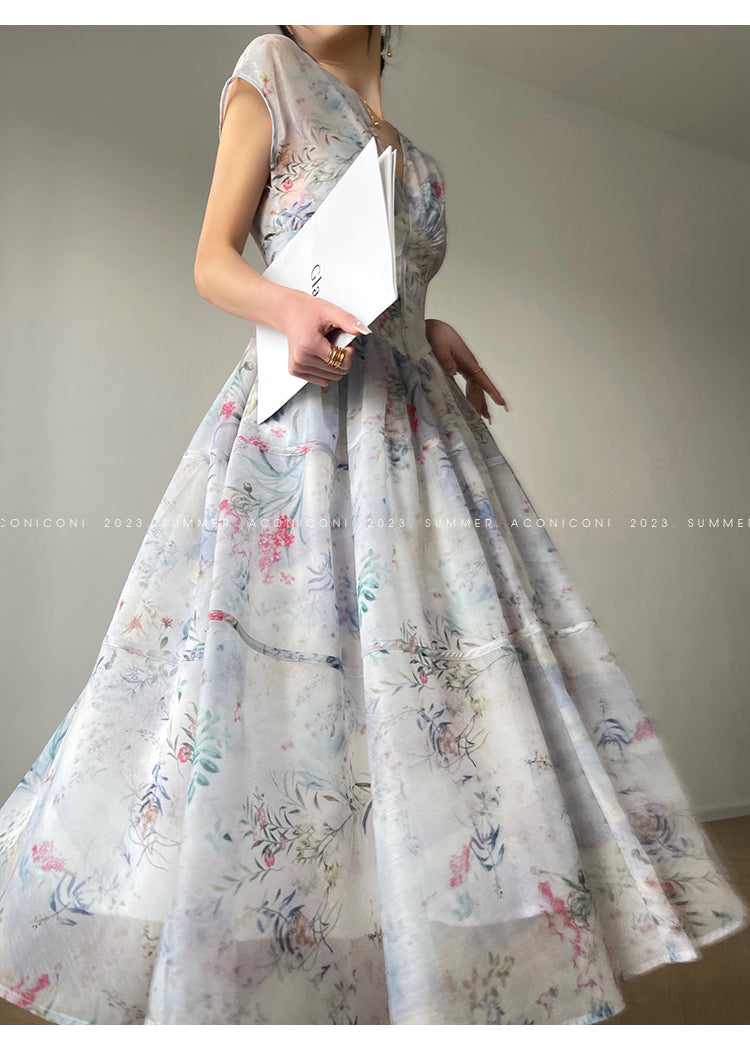 Aconiconi|high-end V-neck exquisite printed tea summer dress- Yufu fairy
