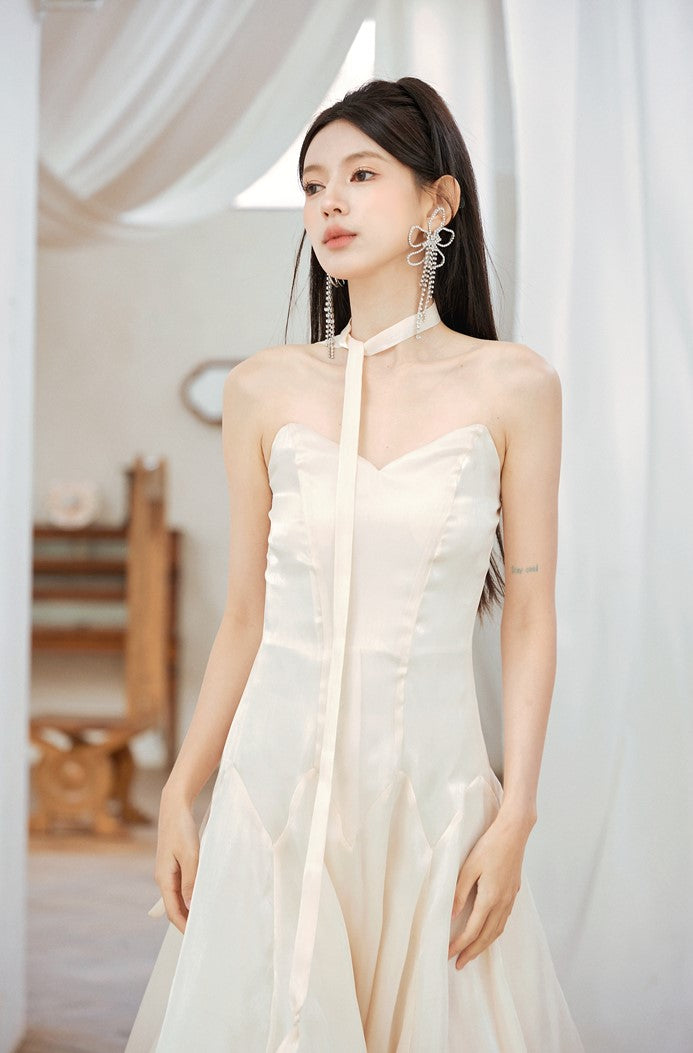 DOLLY High End Cream Sleeveless satin slip flow Wedding Dress-SONNI