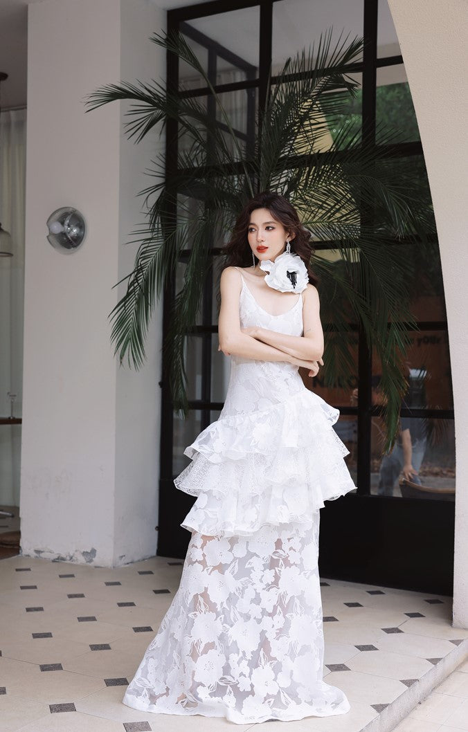 DOLLY Elegant White Flower Embroidery Lace Ruffle Layered Dinner Dress-DAISY (V)