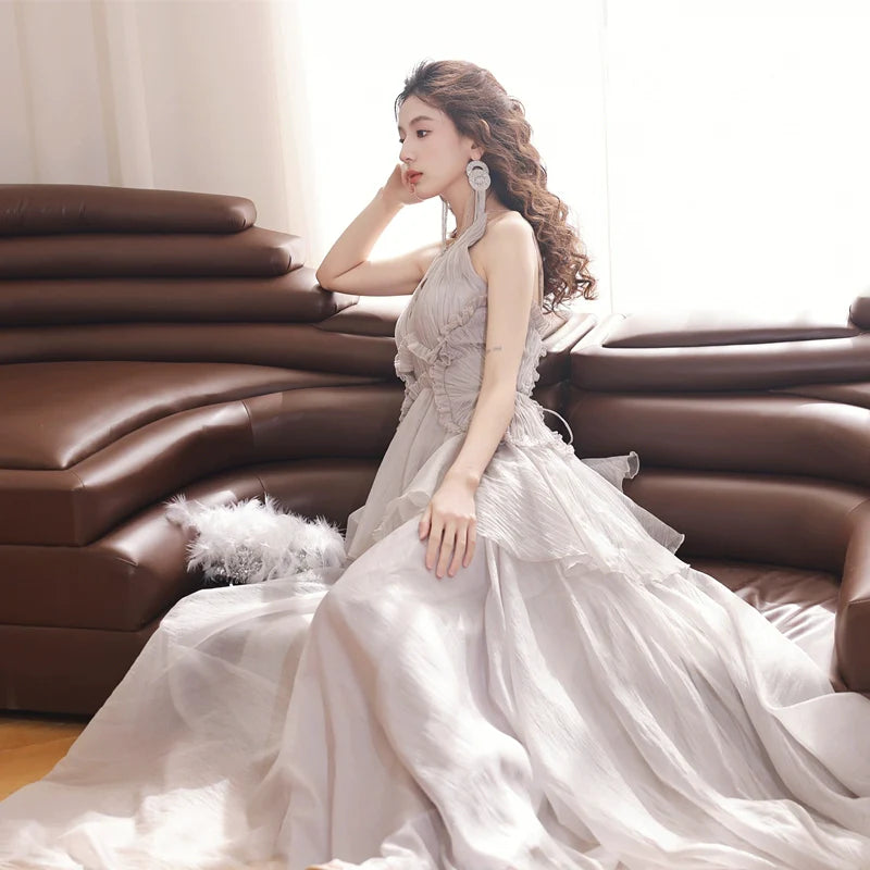 DOLLY Elegant Gray V-Neck Sleeveless Pleated Bandage Banquet Dress-MENA