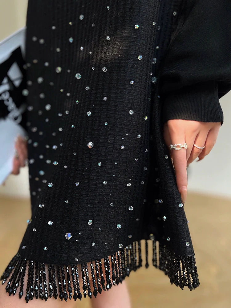 Aconiconi Elegant Black Retro High Waist Diamond Tassel Chic Skirt- Shallow Light