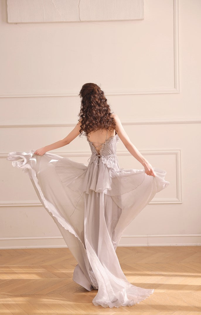 DOLLY Elegant Gray V-Neck Sleeveless Pleated Bandage Banquet Dress-MENA