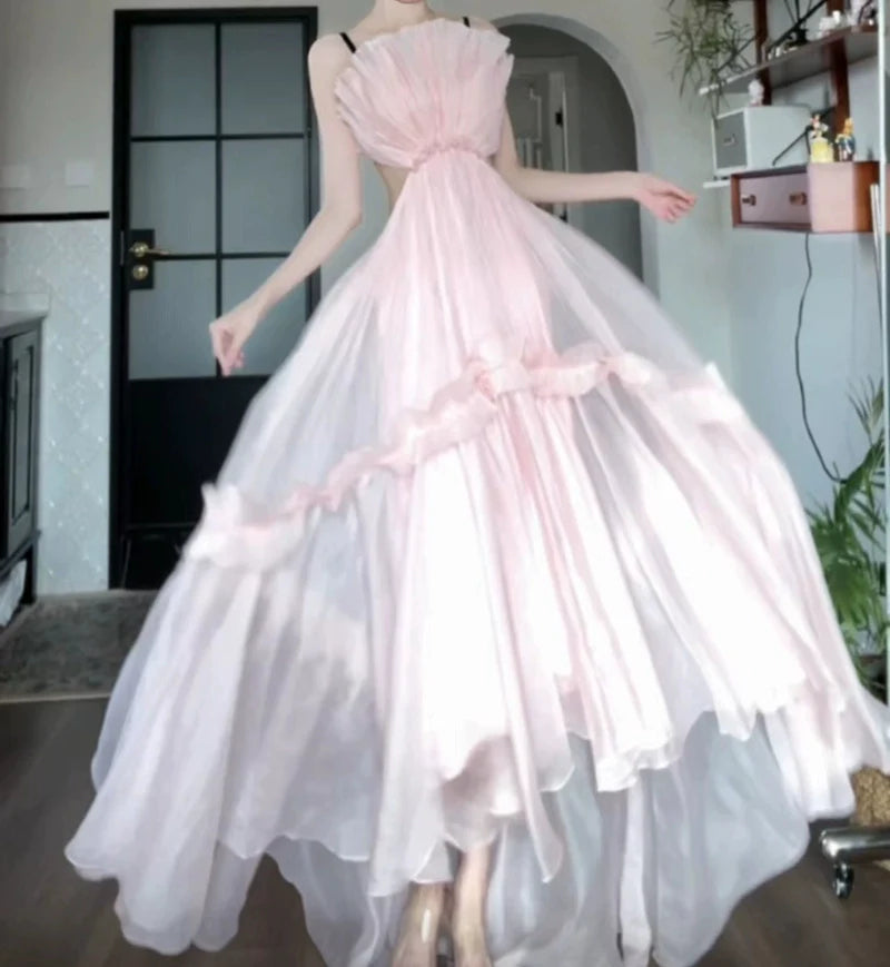 DOLLY Luxury Sleeveless Backless Strap Handmade Pleated Party Dress-GINA