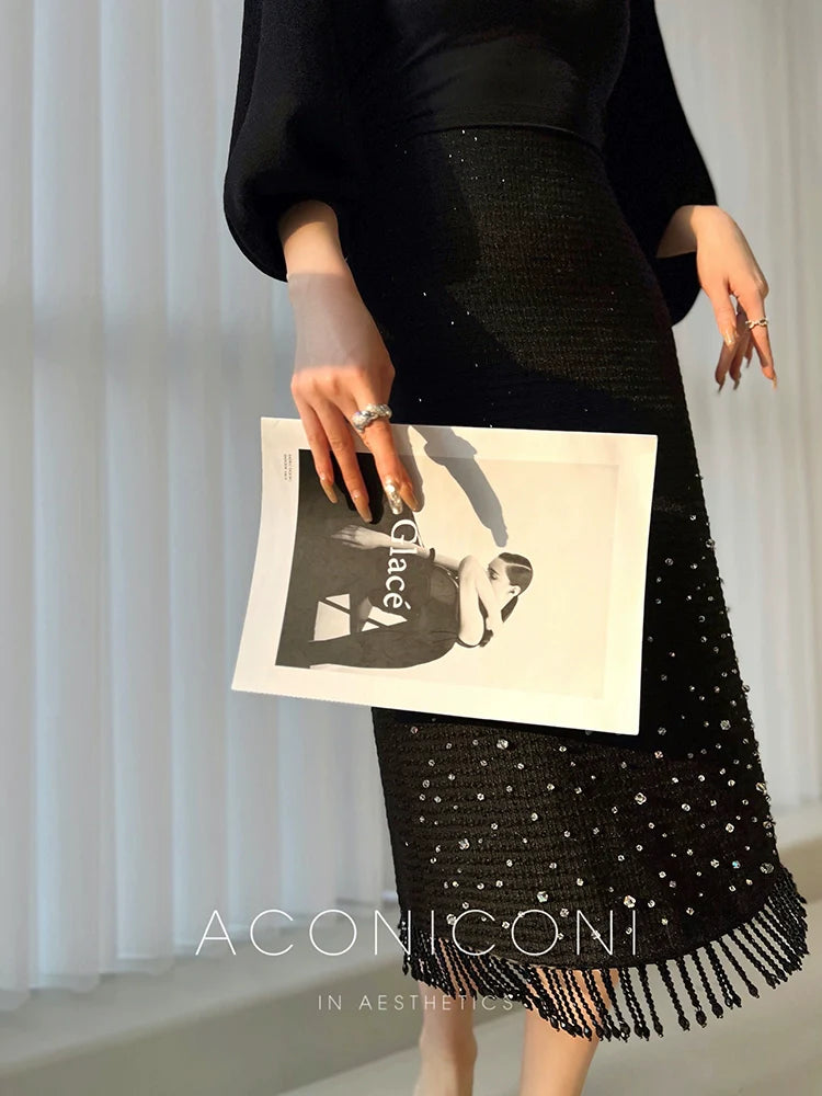 Aconiconi Elegant Black Retro High Waist Diamond Tassel Chic Skirt- Shallow Light