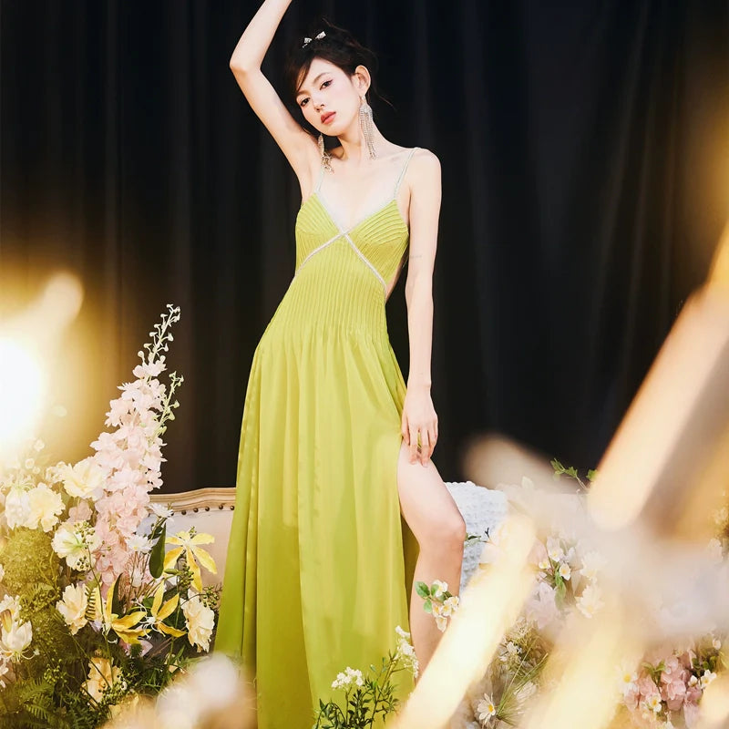 DOLLY Elegant Green V-Neck Sleeveless Slim Fit Backless Slit Resort Dress-JUN