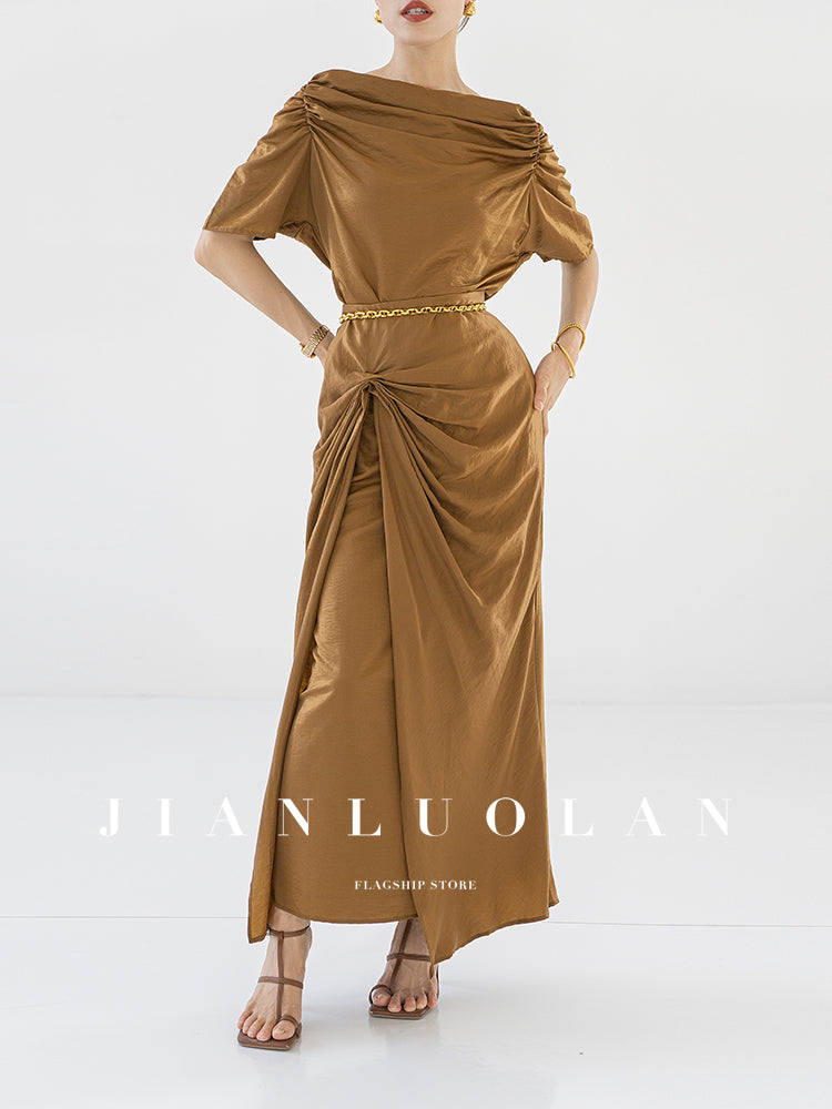 Huanzi custom pleated short-sleeved top + high-waisted heavy kneaded pleated shape split skirt suit