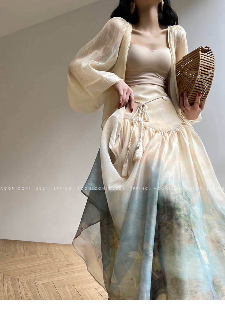 Aconiconi| Louvre Picture Reflection printed halter neck maxi skirt vacation dress - Miinia
