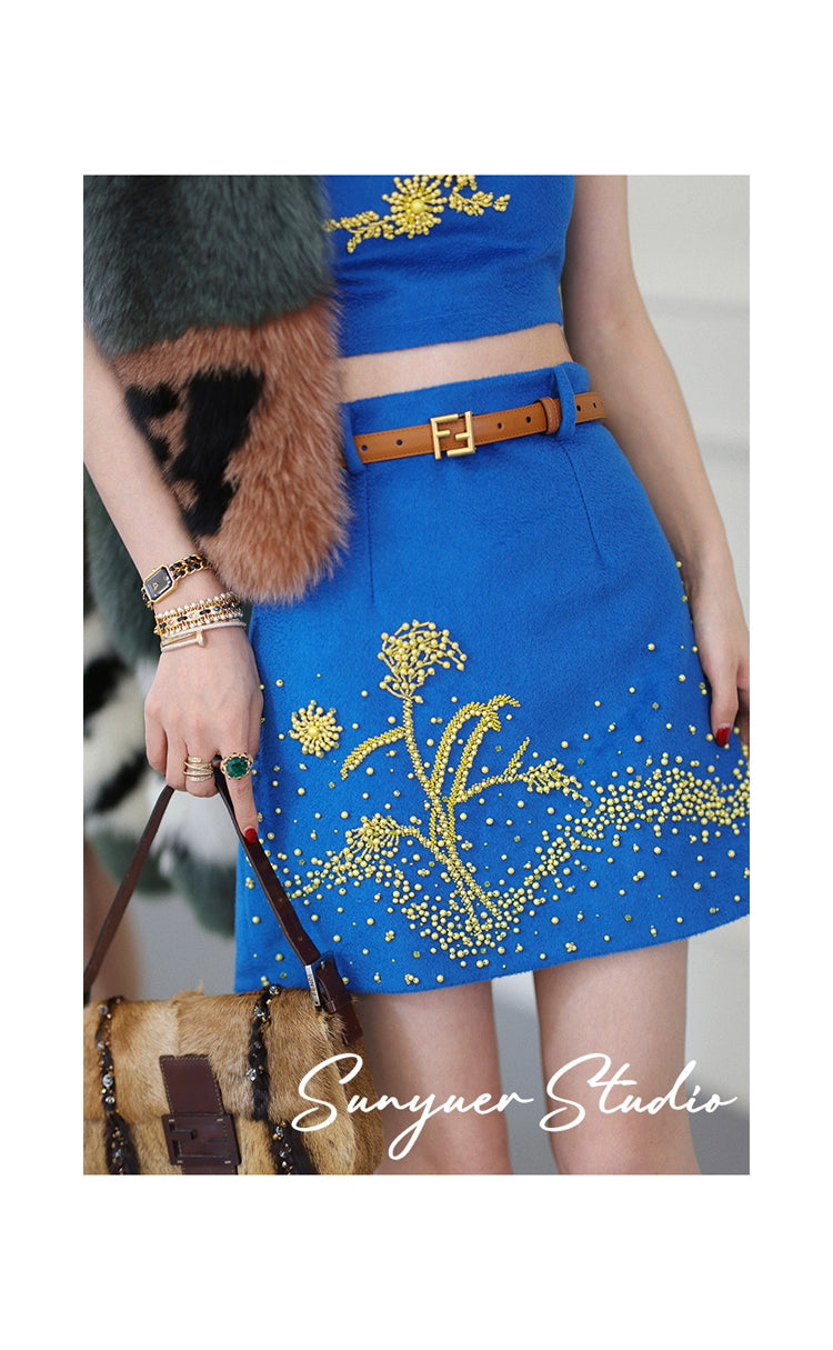 Blue autumn fall winter Wool hand-beaded yellow crystal stones top + skirt two-piece set