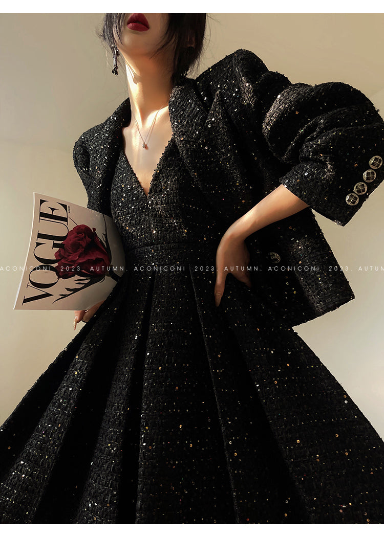 Aconiconi Tweed Sequins Fragrance Dress Skirt Loose Blazer Skirt