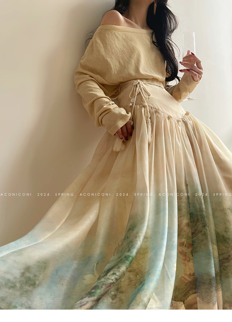 Aconiconi| Louvre Picture Reflection printed halter neck maxi skirt vacation dress - Miinia