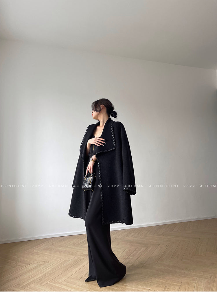 Aconiconi| Full wool coat classic double-sided wool woven belt coat -Nocturne