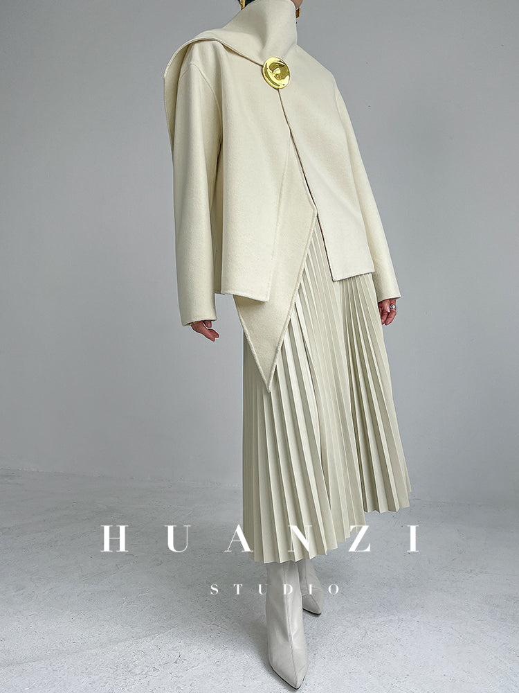 Huanzi wool tweed autumn winter short cashmere double-sided coat - Talfy