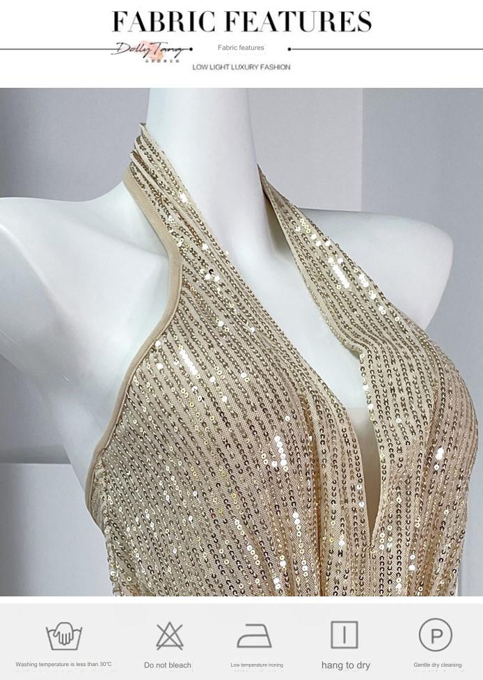 DOLLY Elegant Gold Sleeveless Halter Neck Long Fish Tail Banquet Dress- Carly