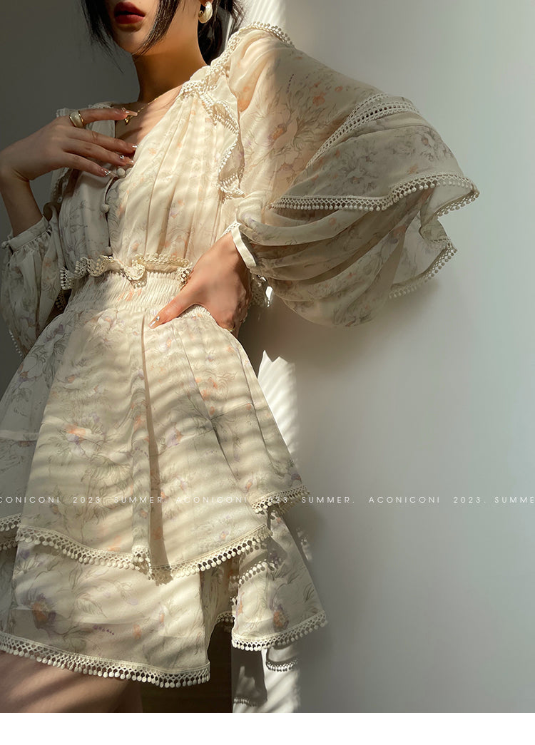 Aconiconi Elegant V-Neck Palace Sleeve Short layered  Dress-Lanshan Qimeng