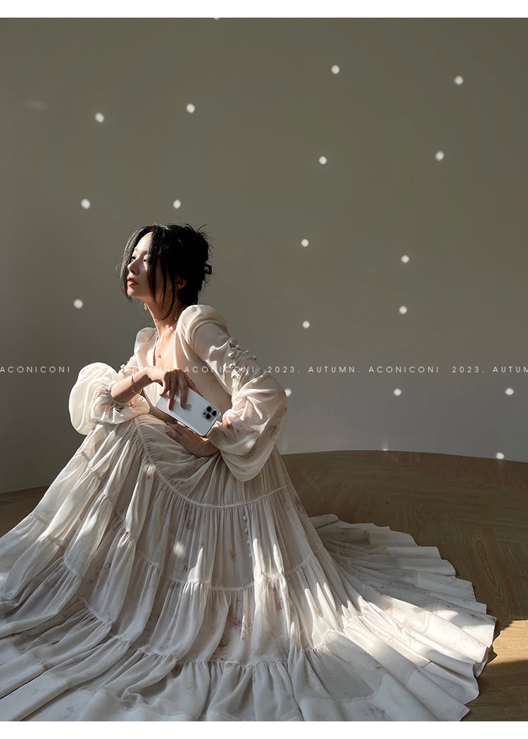 Aconiconi| French print fairy vacation loose chiffon long dress - Huanxi dream