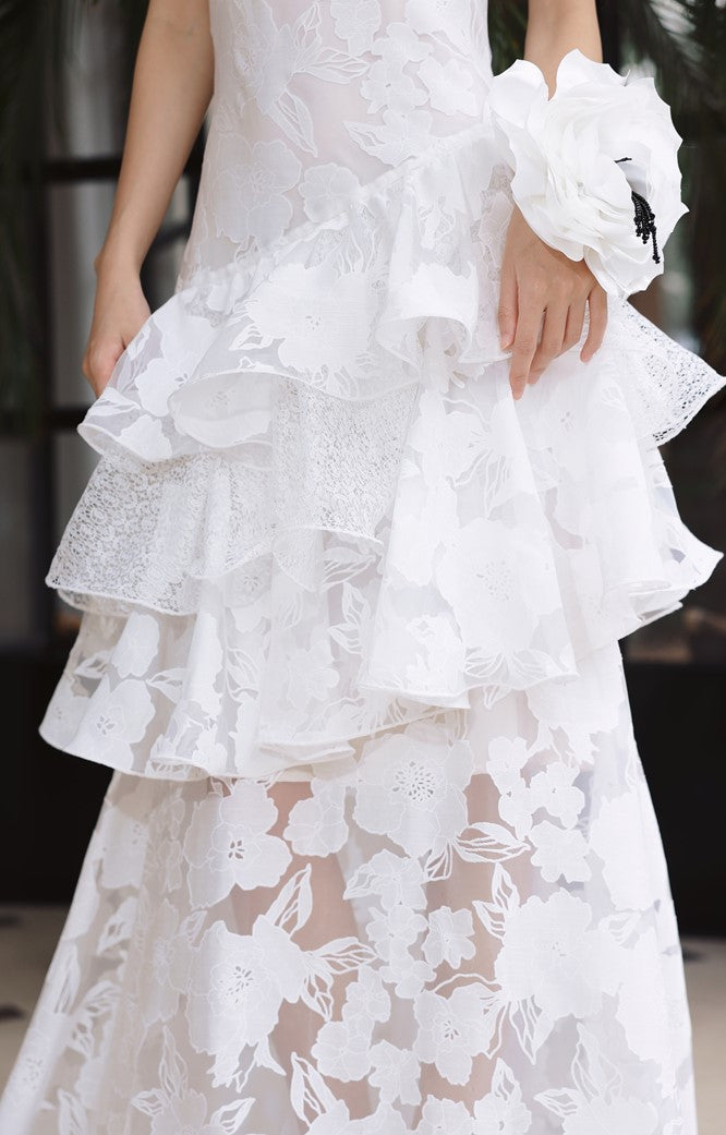 DOLLY Elegant White Flower Embroidery Lace Ruffle Layered Dinner Dress-DAISY (V)