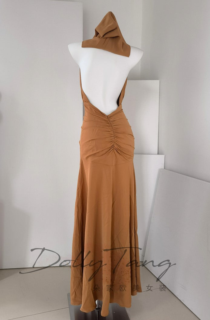DOLLY Elegant Caramel Brown French Style Sleeveless Halter Collar Long Dinner Dress-PRIME (V)