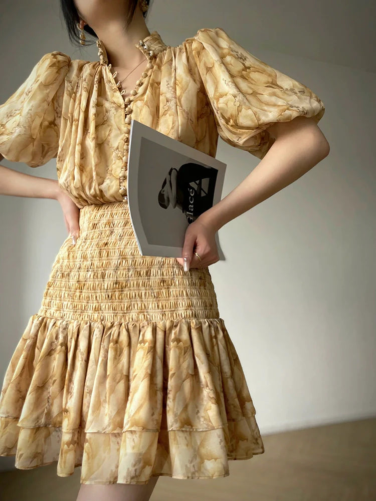 Aconiconi V-Neck Short Sleeve Dress- Pineapple Tower