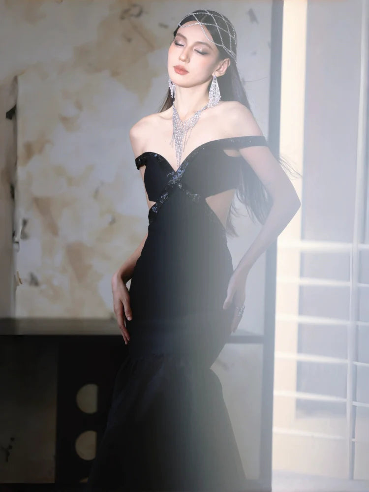 DOLLY High End Black Off Shoulder Sequin Tube Top Long Banquet Dress-Maris