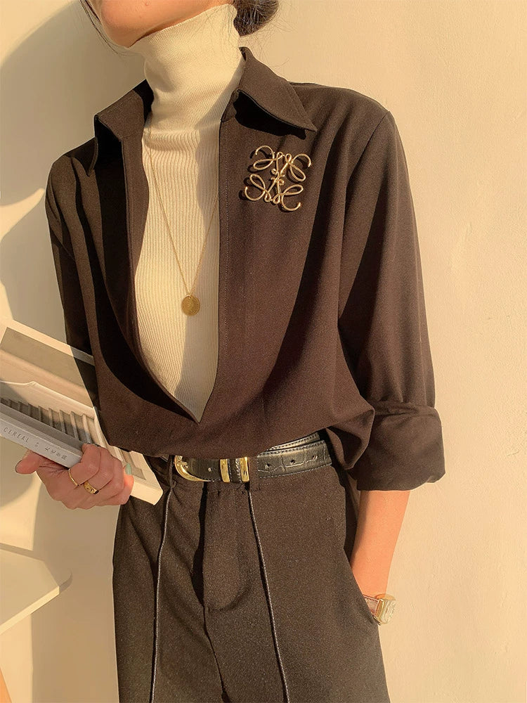White V-neck v neck shirt long-sleeved shirt -Mmia