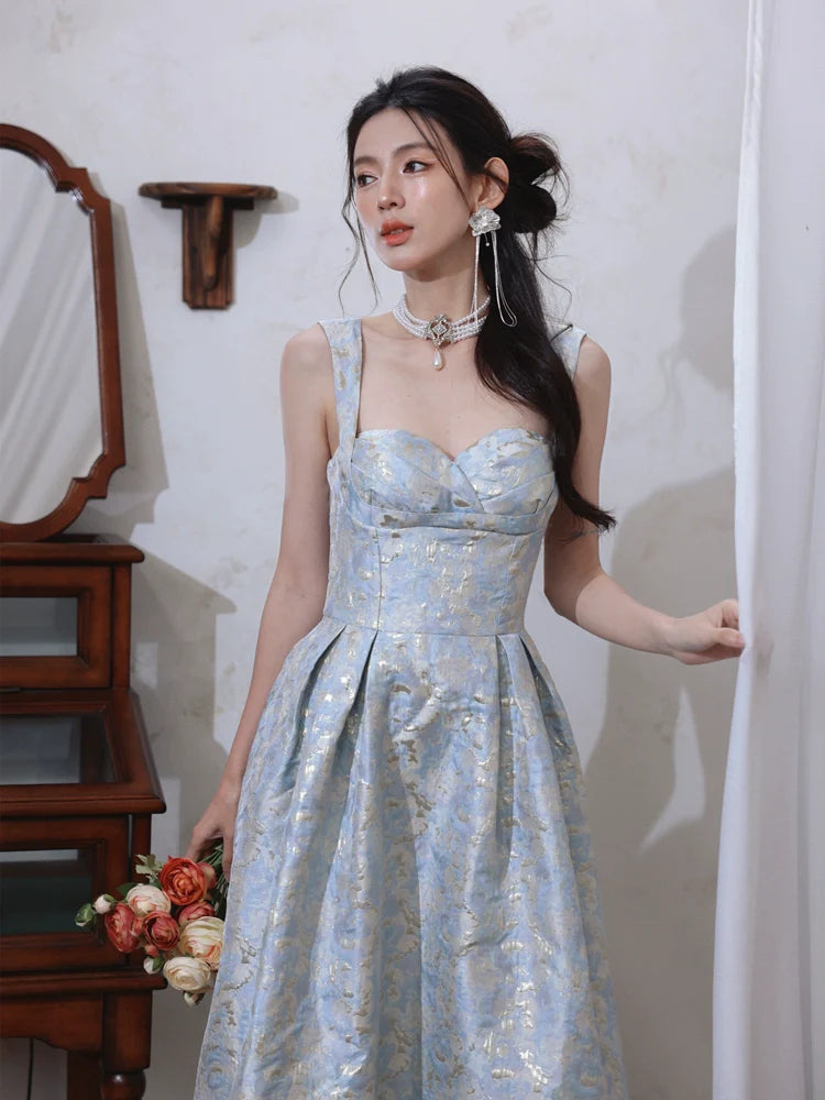 DOLLY Elegant Light Blue French High Waist Long A-Line jacquard Dress- Piere