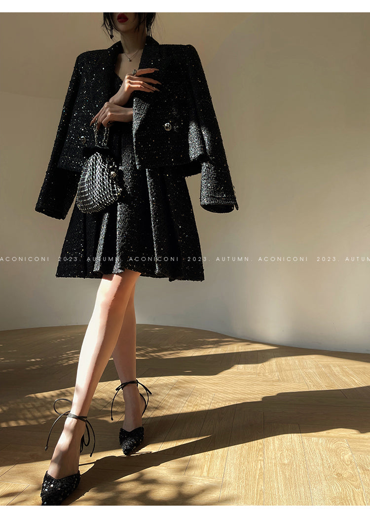 Aconiconi Tweed Sequins Fragrance Dress Skirt Loose Blazer Skirt