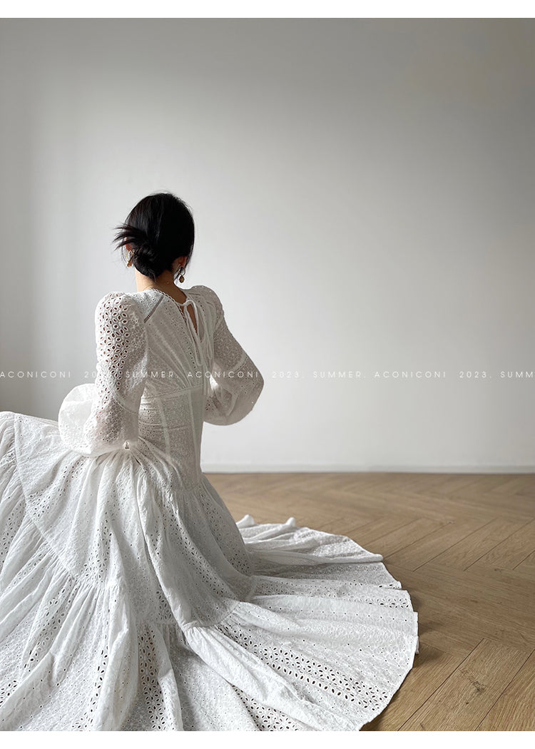 Aconiconi| French coffee break lace cotton white dress - Smoke