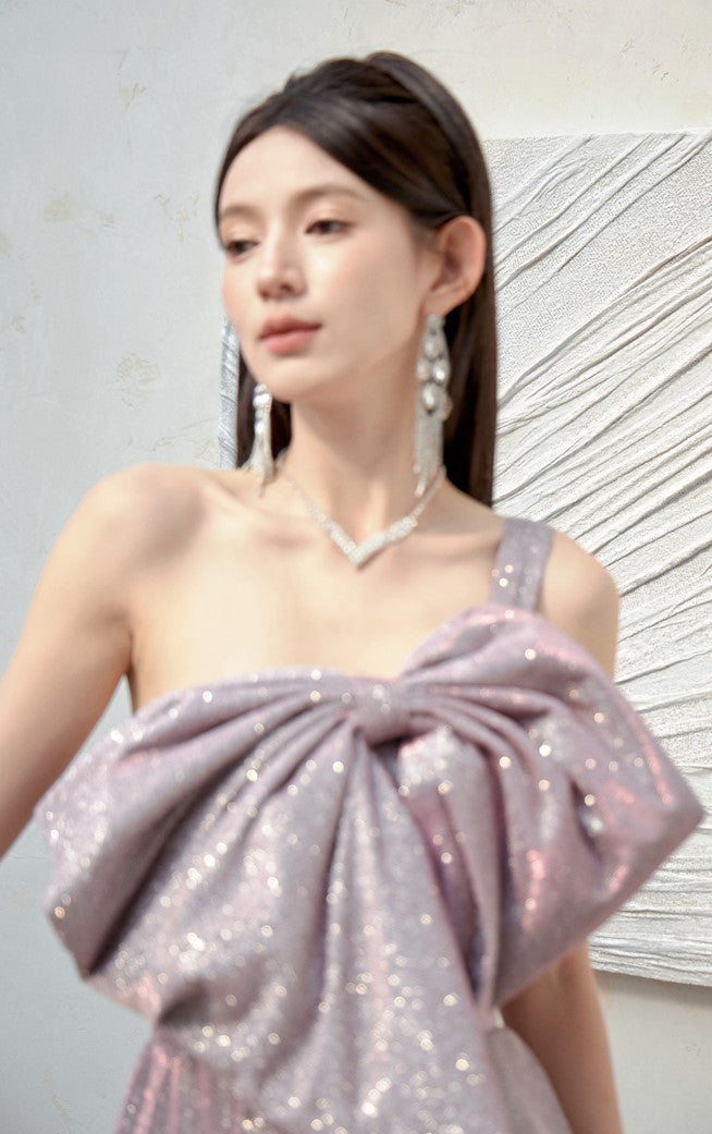 DOLLY Elegant Purple Off Shoulder Bow Sequin Long High Waist Cocktail Dress-TESSA (V)
