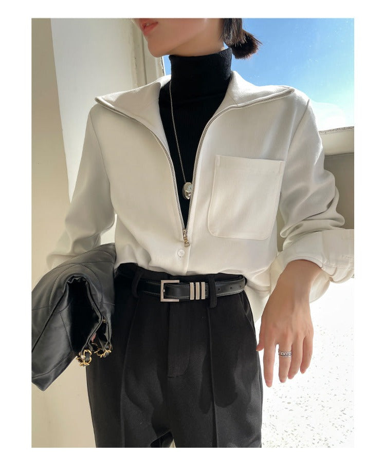 Half zipper white shirt women's autumn shirt- Tiloba