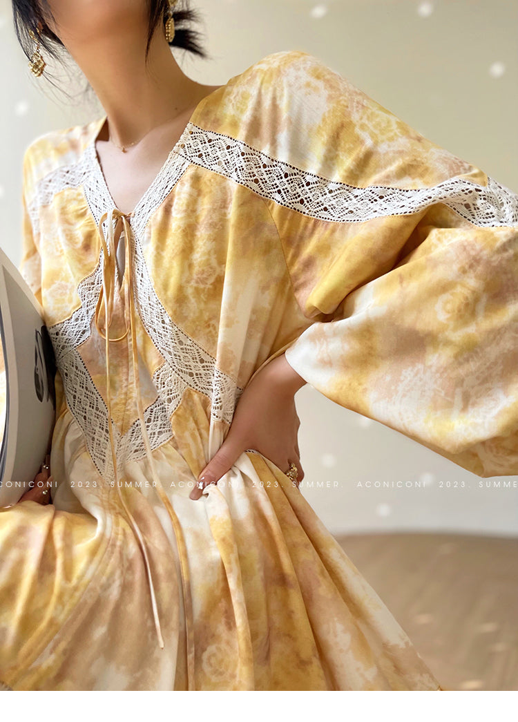 Aconiconi Luxury Yellow V-Neck Print Long Sleeve Loose Resort Dress- Huaye Mucheng