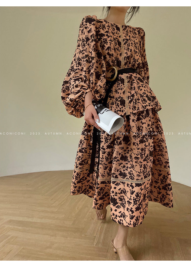 Aconiconi| French print high-end balloon sleeve top dress - Lin Yingyu