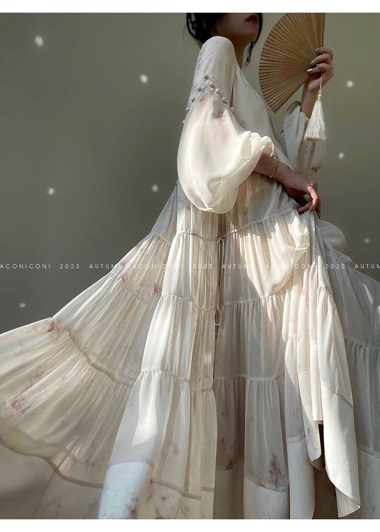 Aconiconi| French print fairy vacation loose chiffon long dress - Huanxi dream