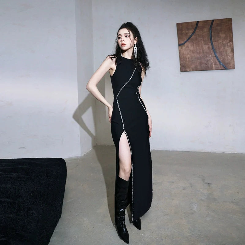 DOLLY Elegant Black Rhinestone Sleeveless Slim Fit Long Slit Dinner Dress-ALORA (V) DOLLY Elegant Black Rhinestone Sleeveless Slim Fit Long Slit Dinner Dress-ALORA (V)