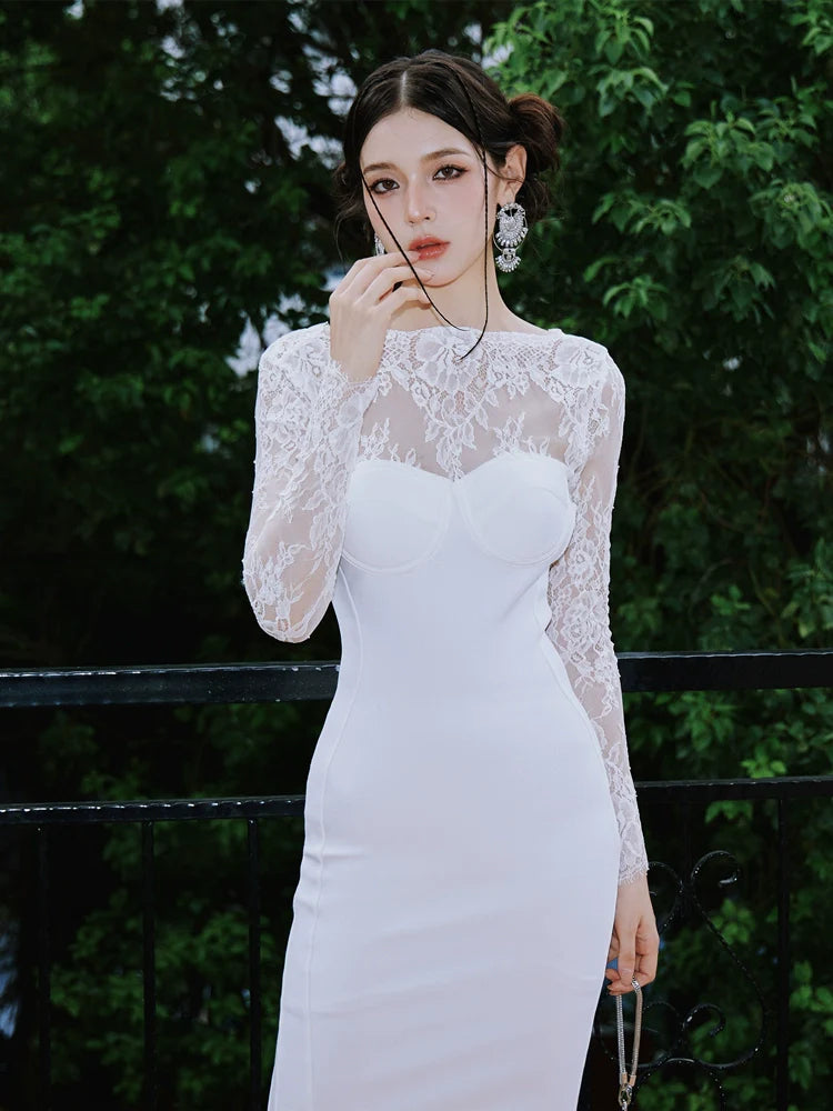 DOLLY Elegant White French Style Lace Long Sleeve Slim Fit Midi Wedding Dress-ZINA (V) *