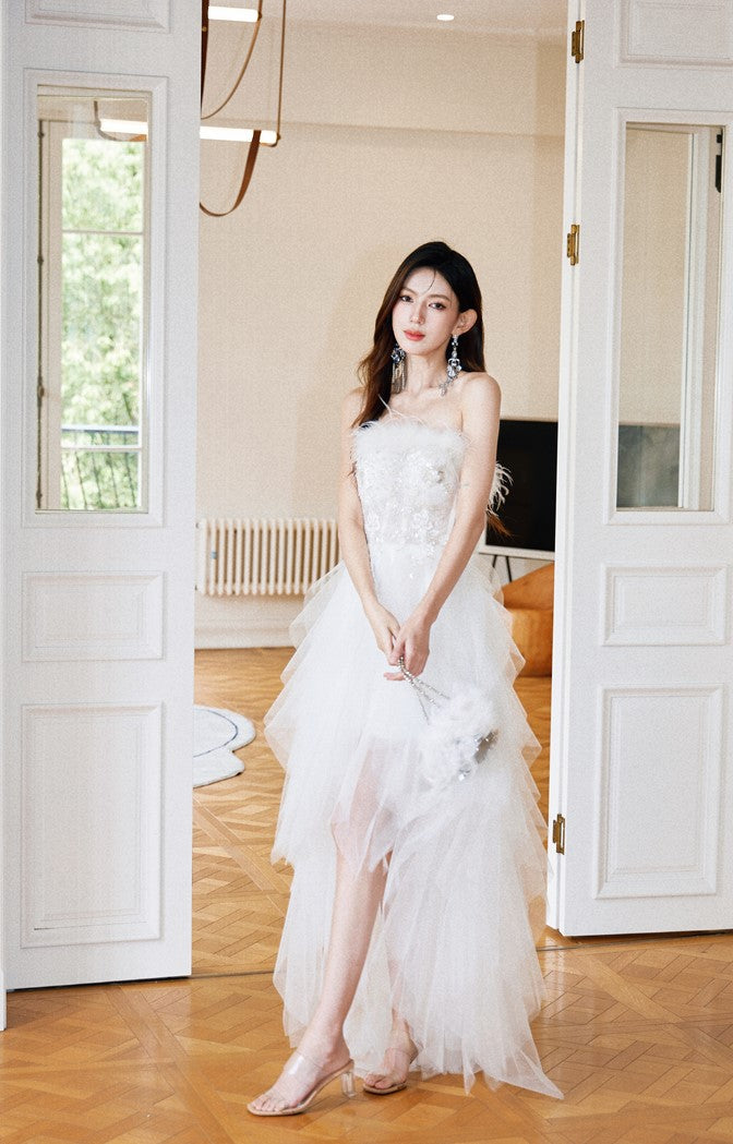 DOLLY Elegant White French Style Feather Chest Wrap Wedding Dress-MARIA (V)