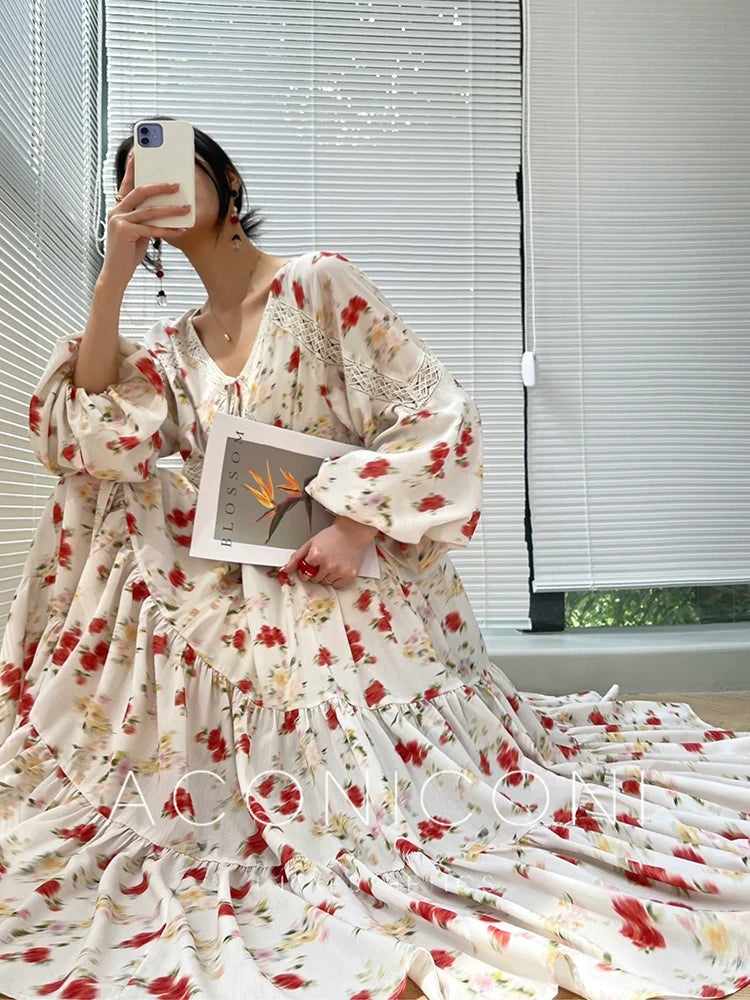 Aconiconi Luxury Yellow V-Neck Print Long Sleeve Loose Resort Dress- Huaye Mucheng