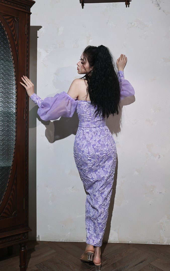 DOLLY Elegant Purple Puff Long Sleeve Off Shoulder Dinner Dress-GRISLLE