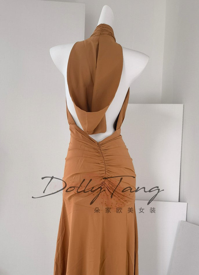DOLLY Elegant Caramel Brown French Style Sleeveless Halter Collar Long Dinner Dress-PRIME (V)