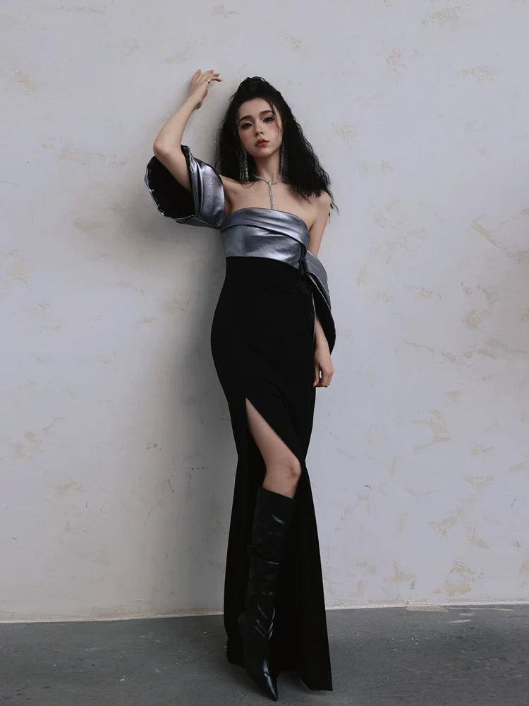 DOLLY High End Sliver/Black Off Shoulder strapless Long Cocktail Dress-MILAN