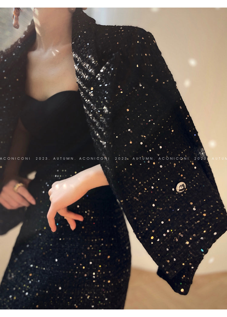 Aconiconi Tweed Sequins Fragrance Dress Skirt Loose Blazer Skirt