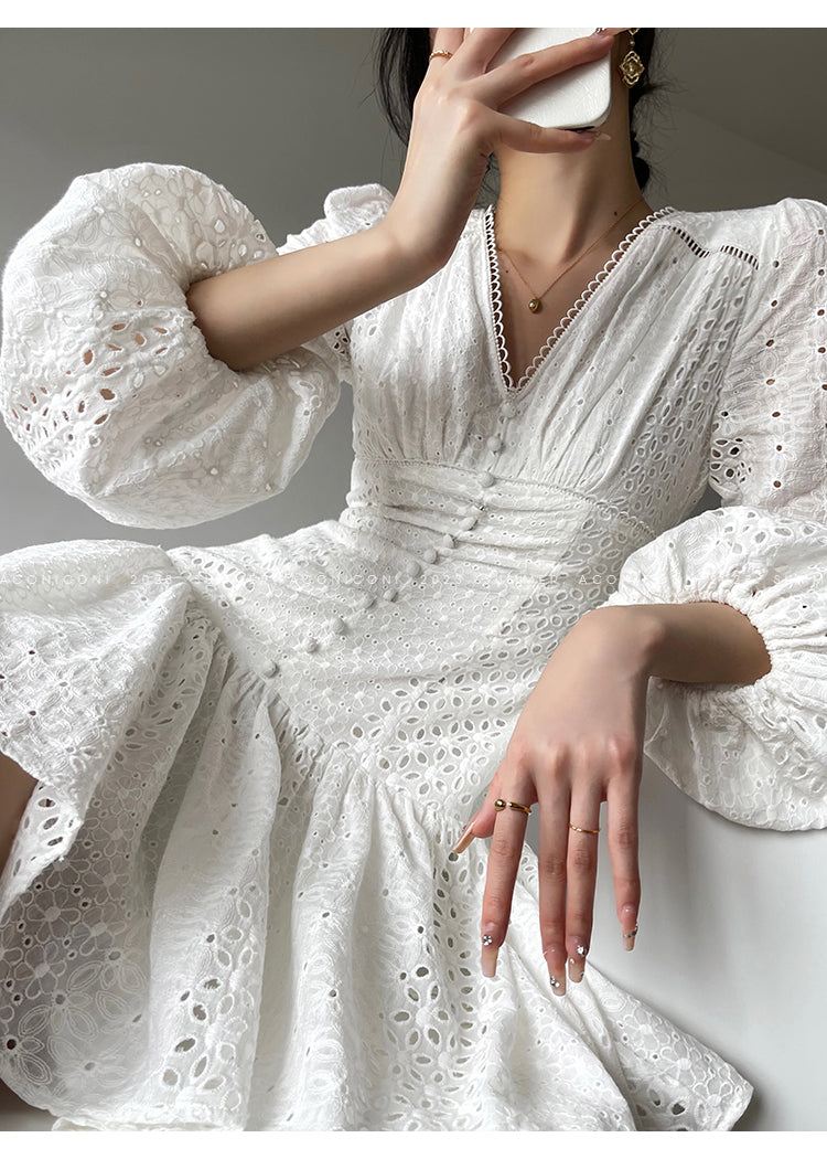 Aconiconi| French coffee break lace cotton white dress - Smoke
