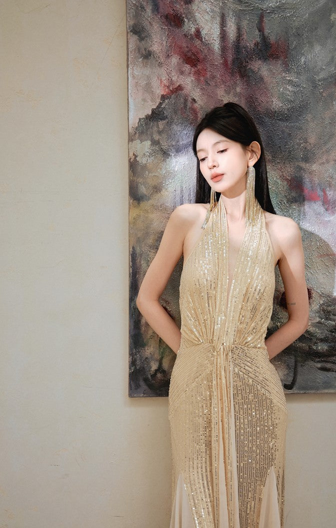 DOLLY Elegant Gold Sleeveless Halter Neck Long Fish Tail Banquet Dress- Carly