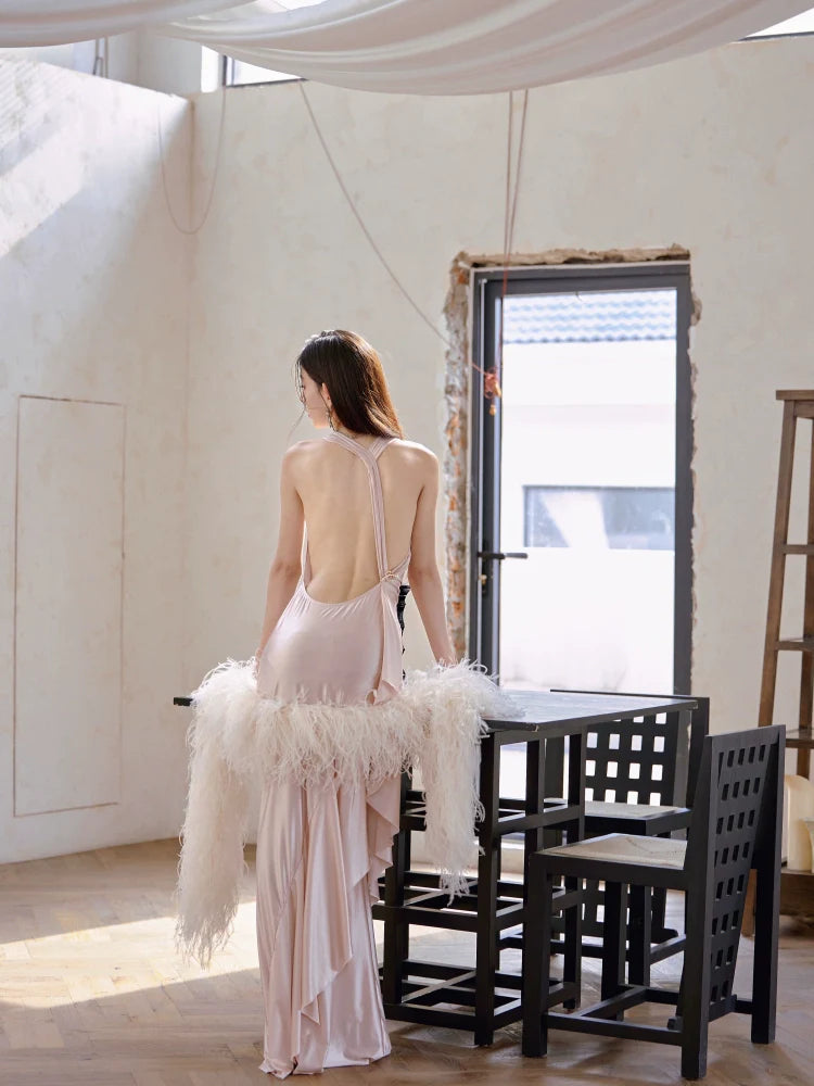 DOLLY Luxury Rose Stain Sleeveless Backless Pleated Long Banquet Dress-Fago