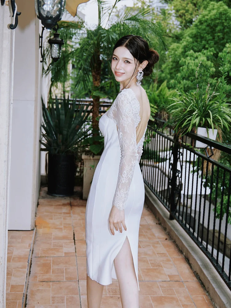 DOLLY Elegant White French Style Lace Long Sleeve Slim Fit Midi Wedding Dress-ZINA (V) *