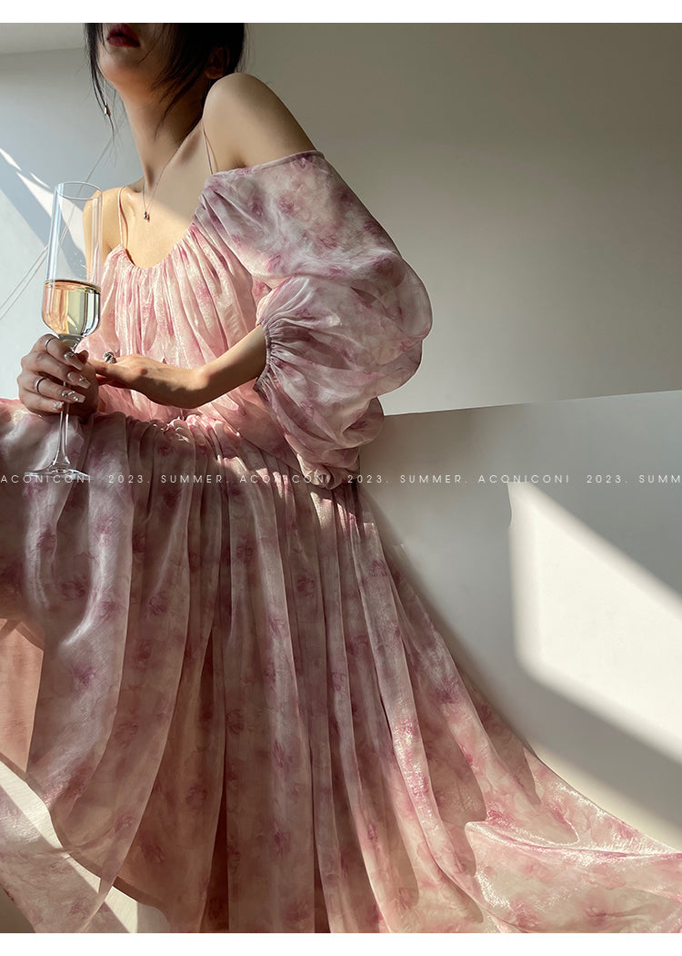 Aconiconi| Slip Off-the-Shoulder Top Skirt - Flower fairy