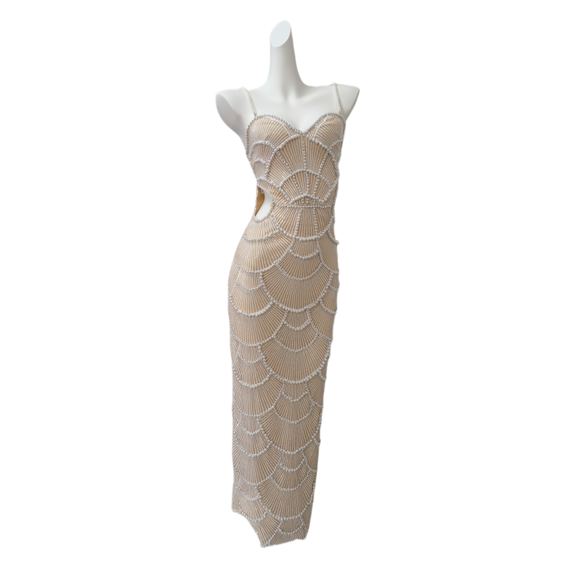 DOLLY High End Off White Sleeveless Beaded Hollow Waist Sexy Party Dress-KATHY