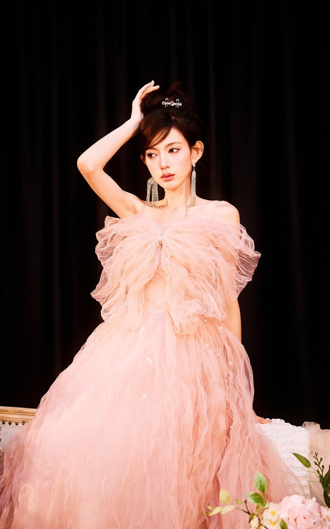 DOLLY Elegant Pink Sleeveless Big Bow Long Pleated Sequin Award Night Dress-CLEO (V)